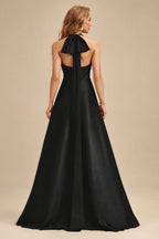 Rutipo Black A-Line Halter One Shoulder V-Neck Floor-Length Silk Like Satin Bridesmaid Dress