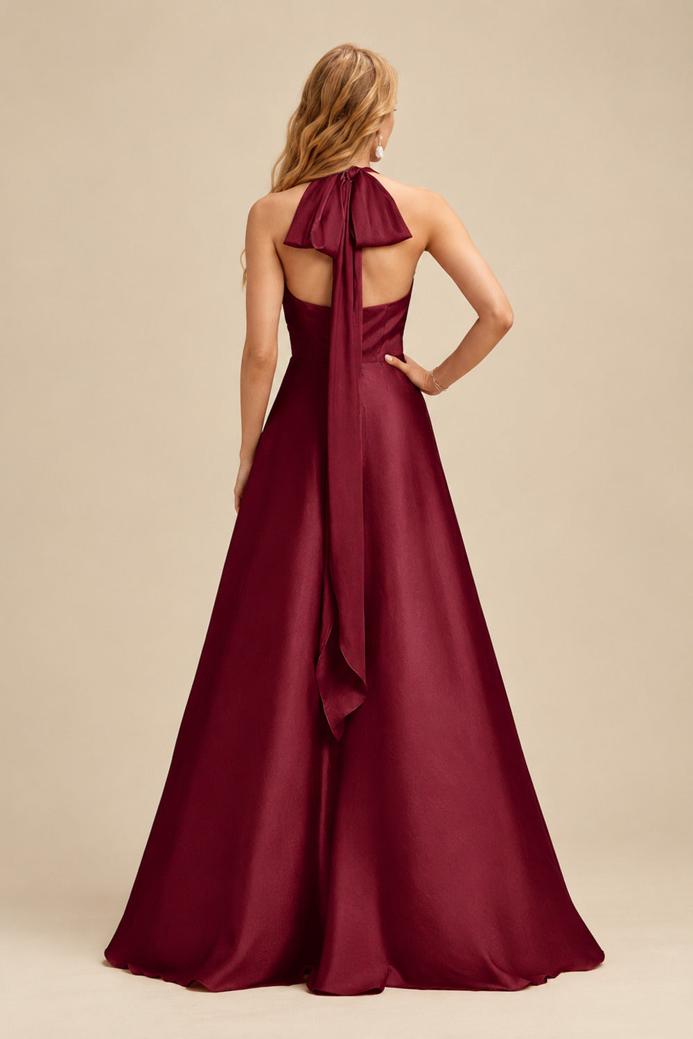 Rutipo Burgundy A-Line Halter One Shoulder V-Neck Floor-Length Silk Like Satin Bridesmaid Dress
