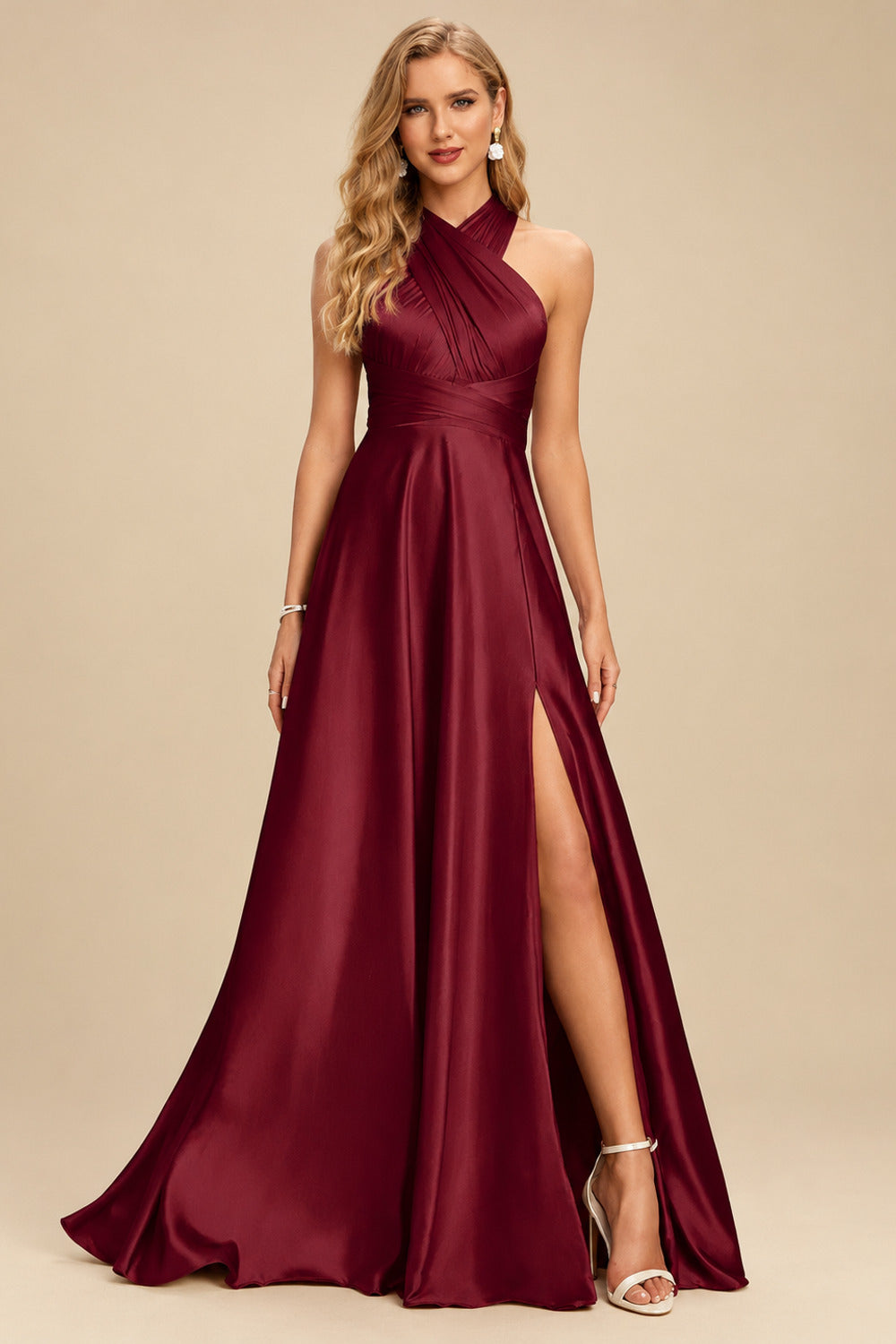 Rutipo Burgundy A-Line Halter One Shoulder V-Neck Floor-Length Silk Like Satin Bridesmaid Dress