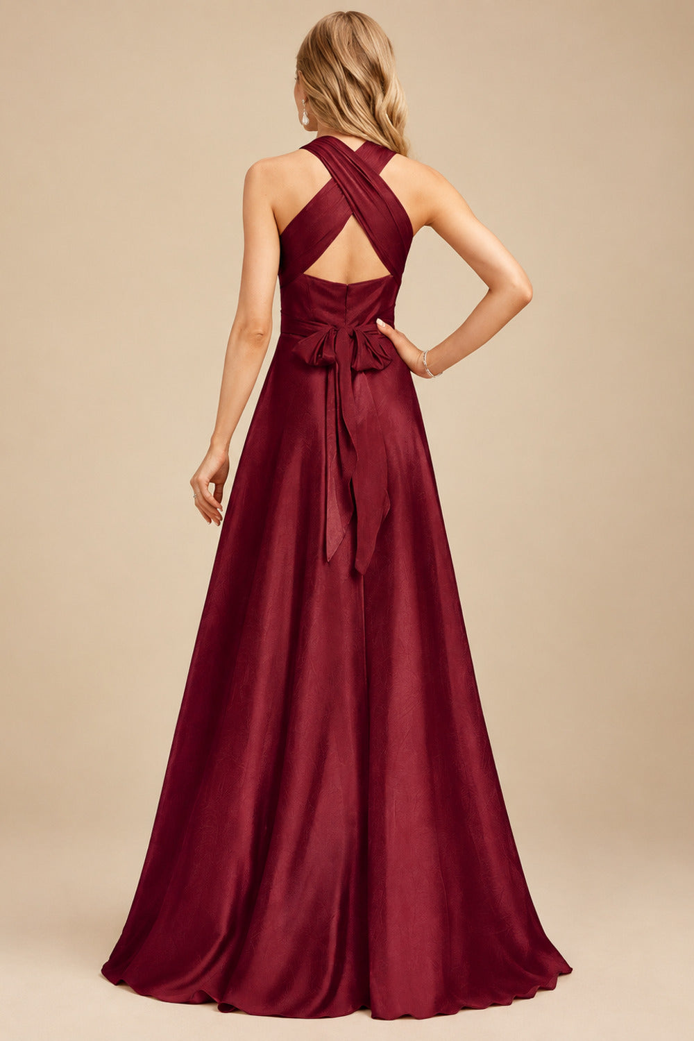 Rutipo Burgundy A-Line Halter One Shoulder V-Neck Floor-Length Silk Like Satin Bridesmaid Dress
