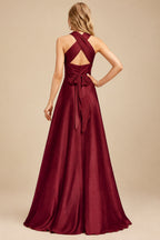 Rutipo Burgundy A-Line Halter One Shoulder V-Neck Floor-Length Silk Like Satin Bridesmaid Dress