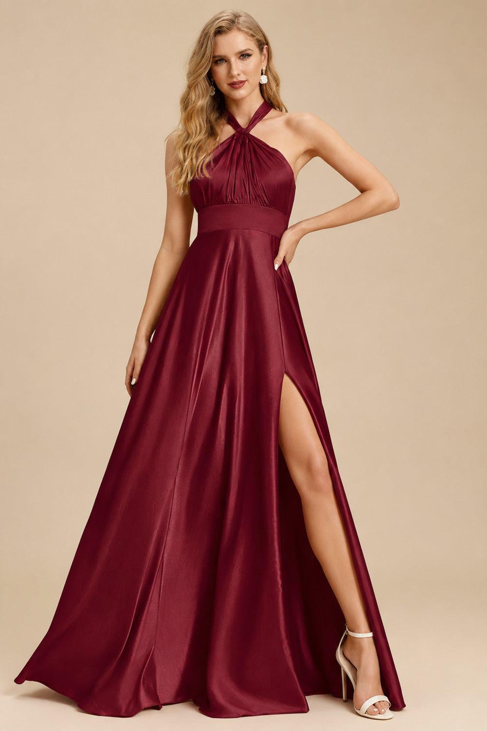 Rutipo Burgundy A-Line Halter One Shoulder V-Neck Floor-Length Silk Like Satin Bridesmaid Dress