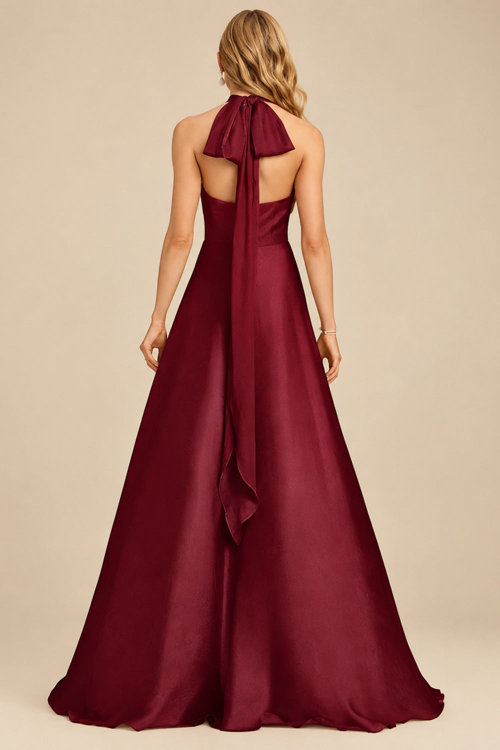 Rutipo Burgundy A-Line Halter One Shoulder V-Neck Floor-Length Silk Like Satin Bridesmaid Dress