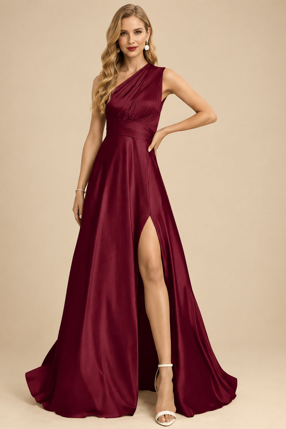 Rutipo Burgundy A-Line Halter One Shoulder V-Neck Floor-Length Silk Like Satin Bridesmaid Dress