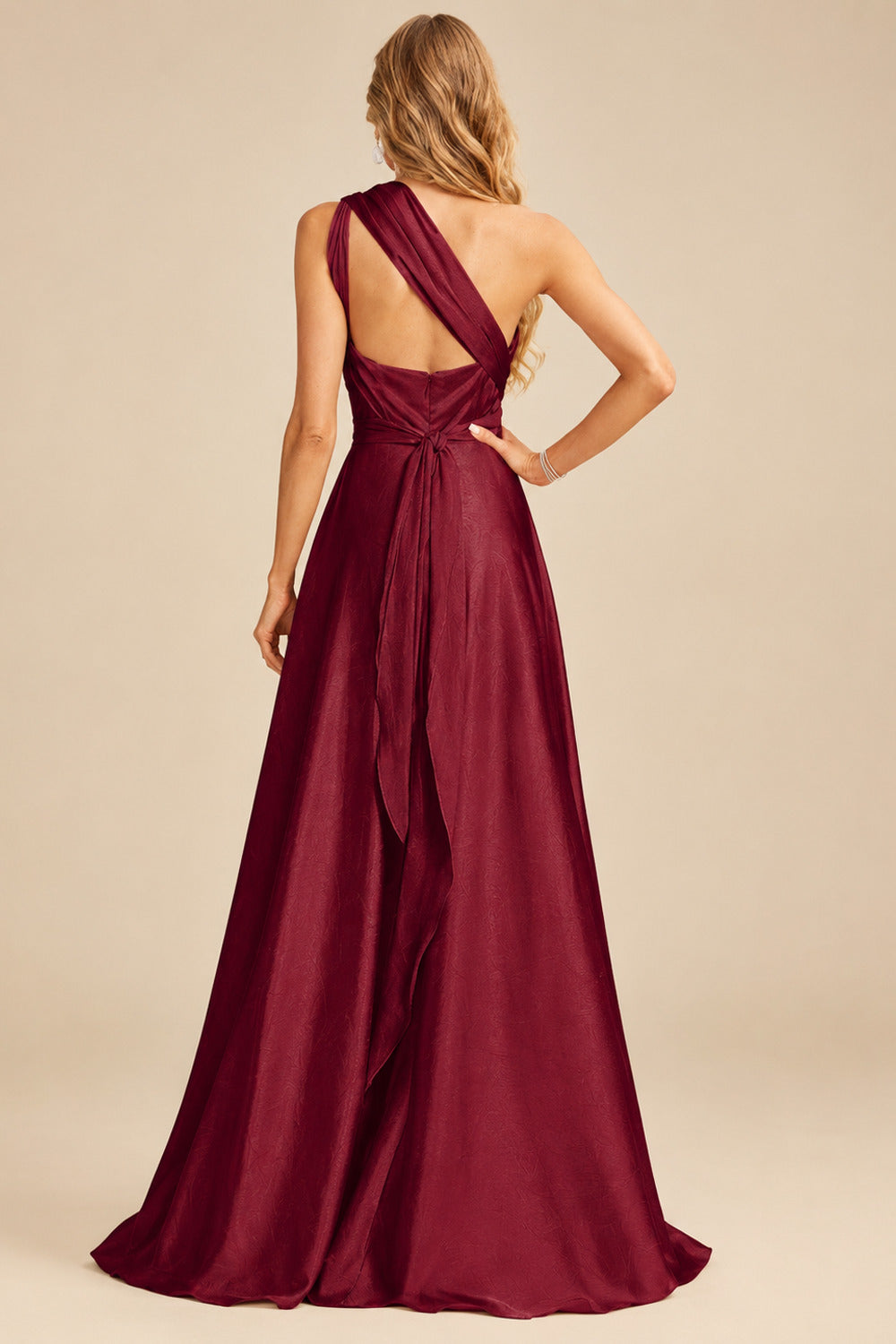 Rutipo Burgundy A-Line Halter One Shoulder V-Neck Floor-Length Silk Like Satin Bridesmaid Dress