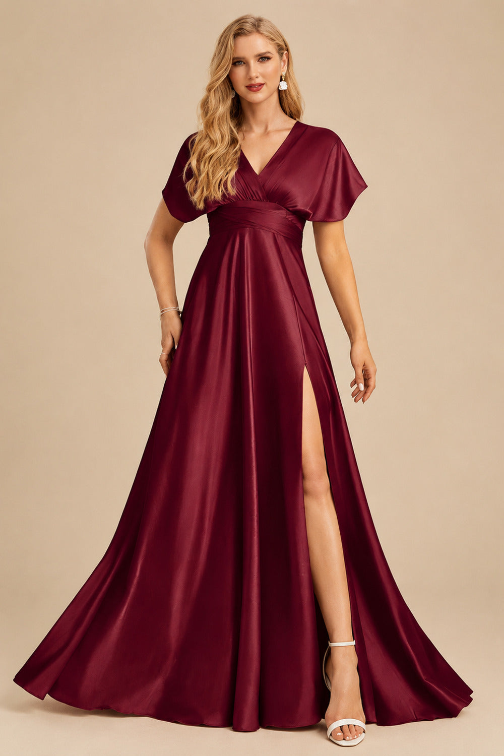 Rutipo Burgundy A-Line Halter One Shoulder V-Neck Floor-Length Silk Like Satin Bridesmaid Dress