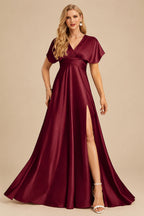 Rutipo Burgundy A-Line Halter One Shoulder V-Neck Floor-Length Silk Like Satin Bridesmaid Dress