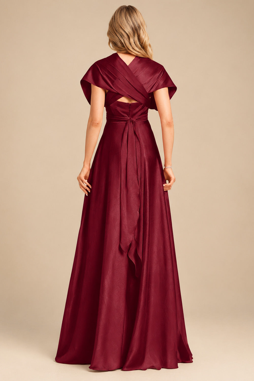Rutipo Burgundy A-Line Halter One Shoulder V-Neck Floor-Length Silk Like Satin Bridesmaid Dress