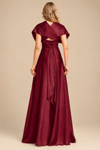 Rutipo Burgundy A-Line Halter One Shoulder V-Neck Floor-Length Silk Like Satin Bridesmaid Dress