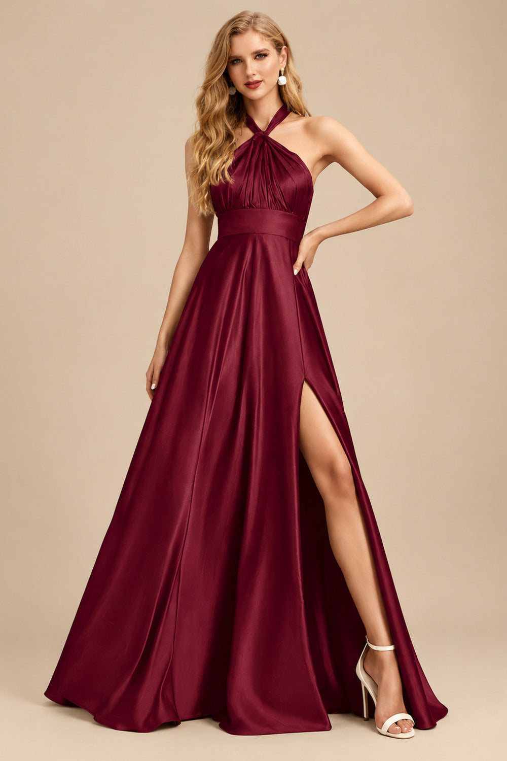 Rutipo Burgundy A-Line Halter One Shoulder V-Neck Floor-Length Silk Like Satin Bridesmaid Dress