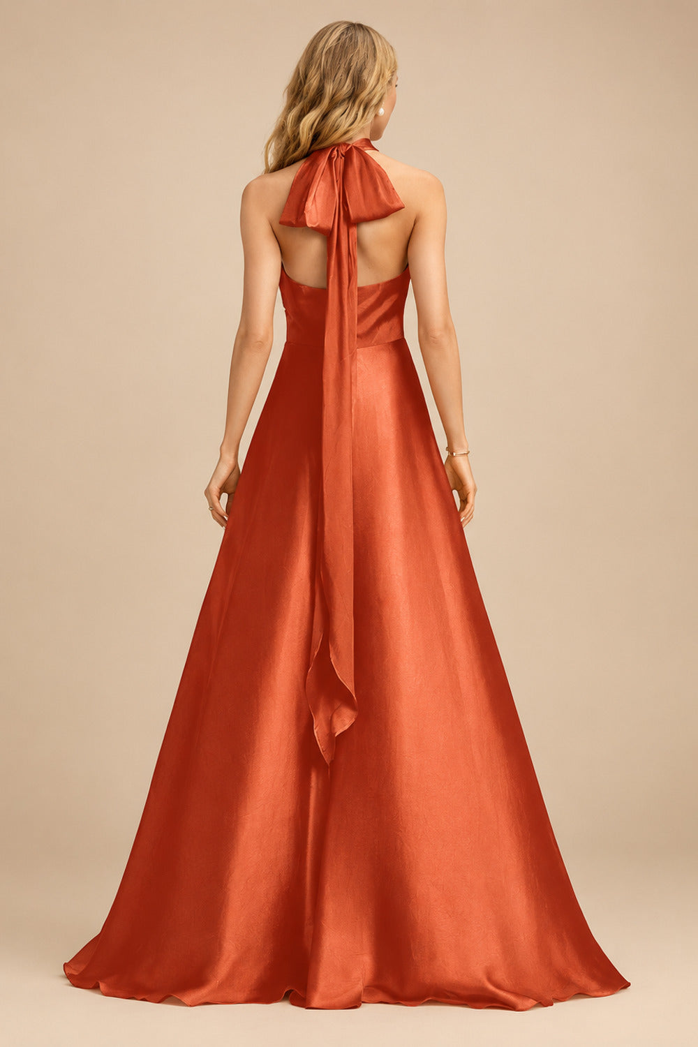 Rutipo Burnt Orange A-Line Halter One Shoulder V-Neck Floor-Length Silk Like Satin Bridesmaid Dress