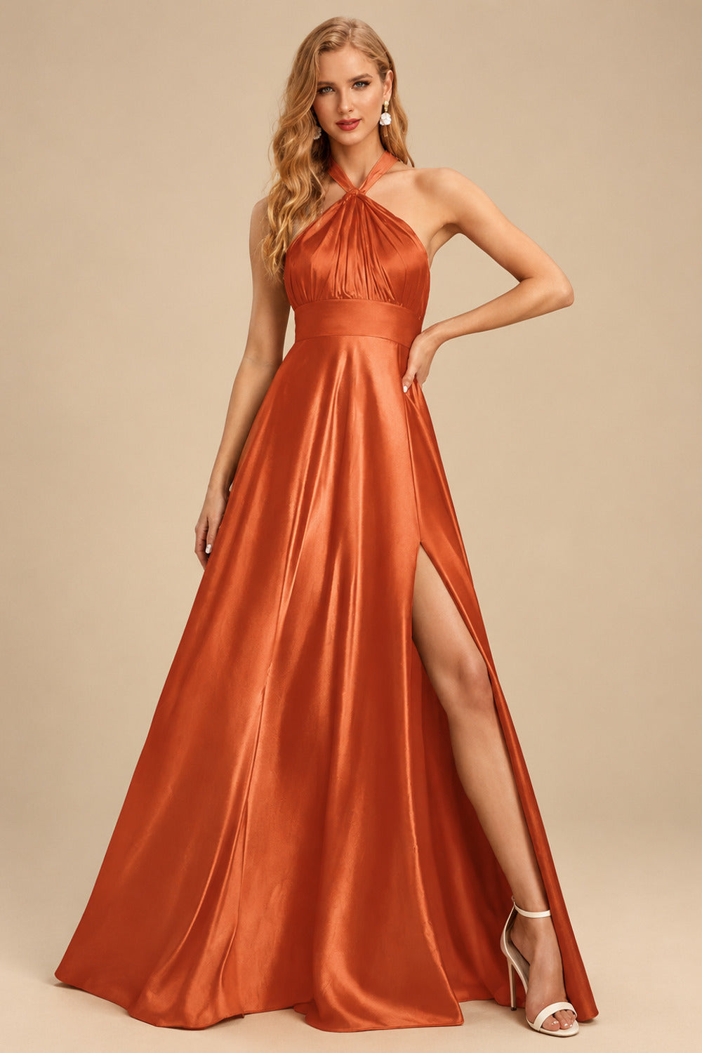Rutipo Burnt Orange A-Line Halter One Shoulder V-Neck Floor-Length Silk Like Satin Bridesmaid Dress