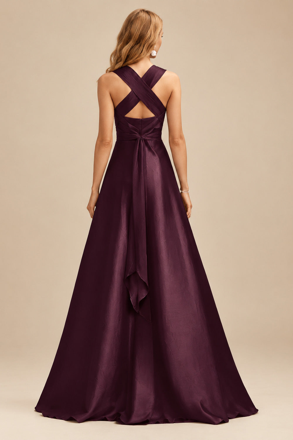 Rutipo Cabernet A-Line Halter One Shoulder V-Neck Floor-Length Silk Like Satin Bridesmaid Dress