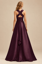 Rutipo Cabernet A-Line Halter One Shoulder V-Neck Floor-Length Silk Like Satin Bridesmaid Dress