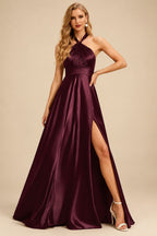 Rutipo Cabernet A-Line Halter One Shoulder V-Neck Floor-Length Silk Like Satin Bridesmaid Dress