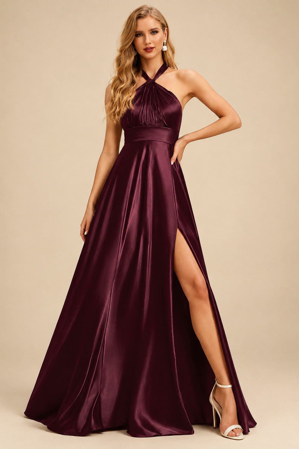 Rutipo Cabernet A-Line Halter One Shoulder V-Neck Floor-Length Silk Like Satin Bridesmaid Dress