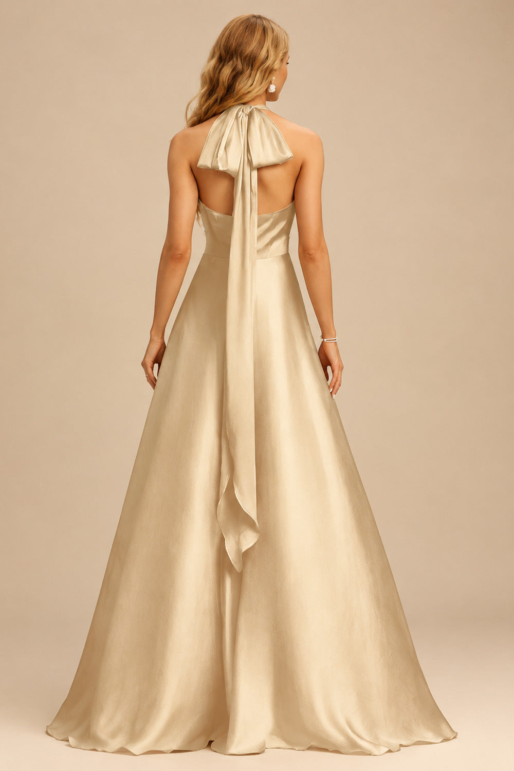 Rutipo Champagne A-Line Halter One Shoulder V-Neck Floor-Length Silk Like Satin Bridesmaid Dress