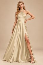 Rutipo Champagne A-Line Halter One Shoulder V-Neck Floor-Length Silk Like Satin Bridesmaid Dress