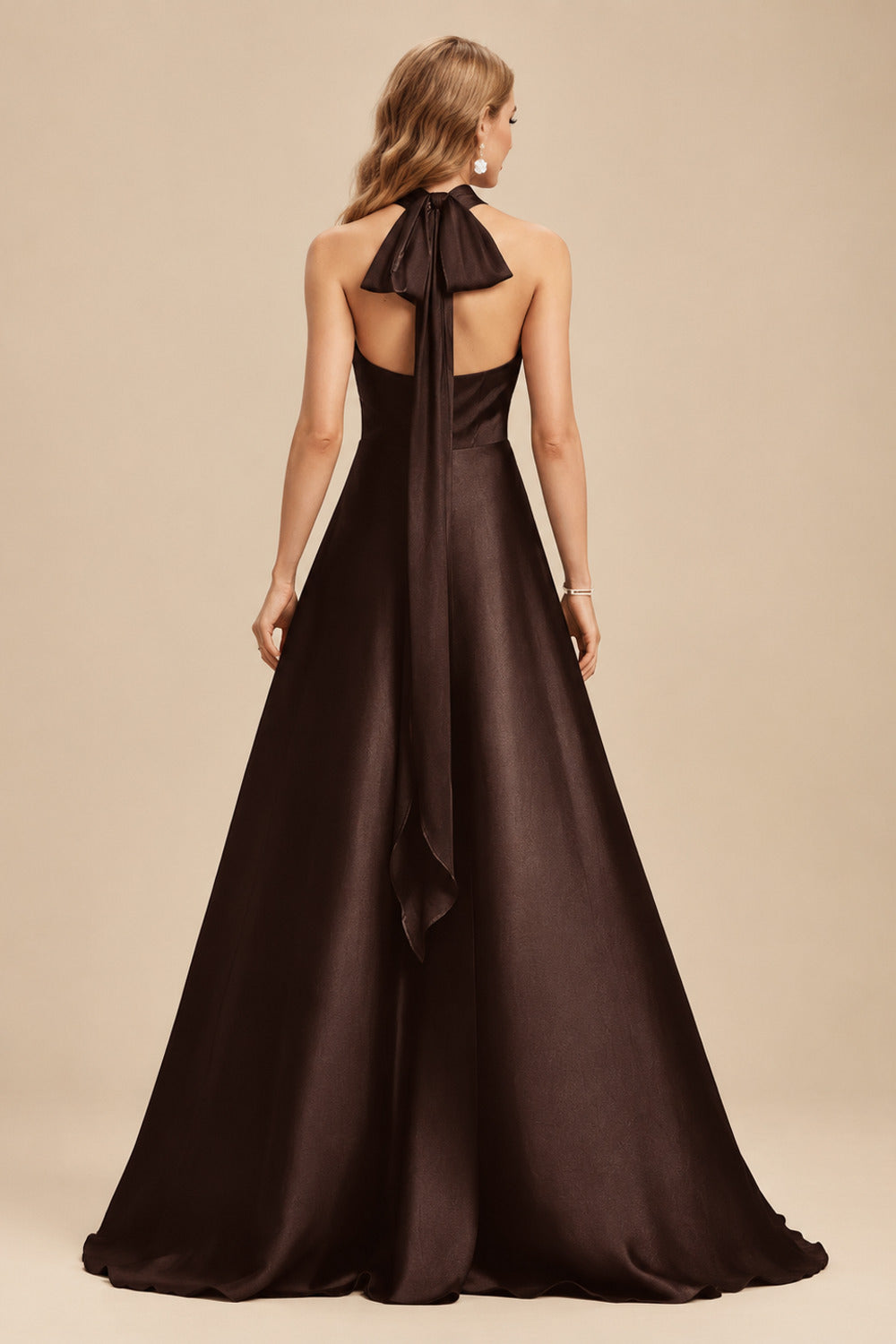 Rutipo Chocolate A-Line Halter One Shoulder V-Neck Floor-Length Silk Like Satin Bridesmaid Dress