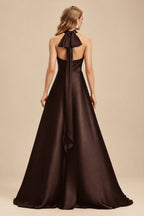 Rutipo Chocolate A-Line Halter One Shoulder V-Neck Floor-Length Silk Like Satin Bridesmaid Dress