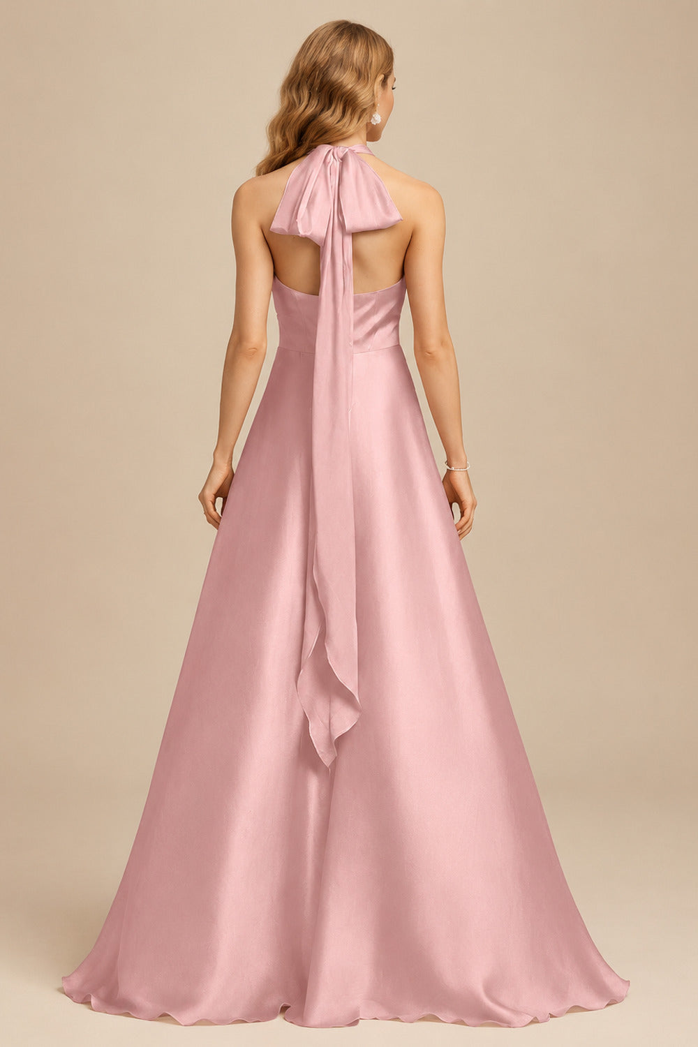 Rutipo Dusty Rose A-Line Halter One Shoulder V-Neck Floor-Length Silk Like Satin Bridesmaid Dress