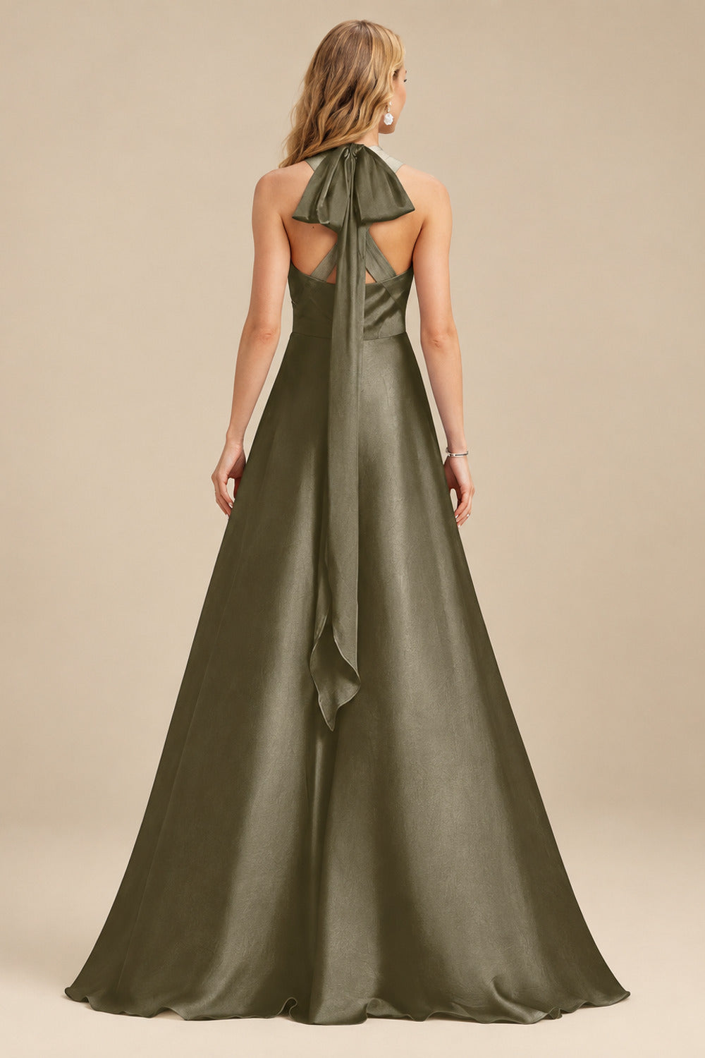 Rutipo Olive Green A-Line Halter One Shoulder V-Neck Floor-Length Silk Like Satin Bridesmaid Dress