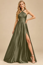 Rutipo Olive Green A-Line Halter One Shoulder V-Neck Floor-Length Silk Like Satin Bridesmaid Dress