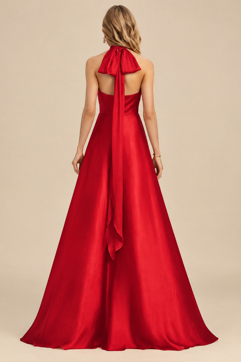 Rutipo Red A-Line Halter One Shoulder V-Neck Floor-Length Silk Like Satin Bridesmaid Dress