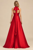 Rutipo Red A-Line Halter One Shoulder V-Neck Floor-Length Silk Like Satin Bridesmaid Dress