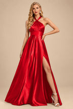 Rutipo Red A-Line Halter One Shoulder V-Neck Floor-Length Silk Like Satin Bridesmaid Dress