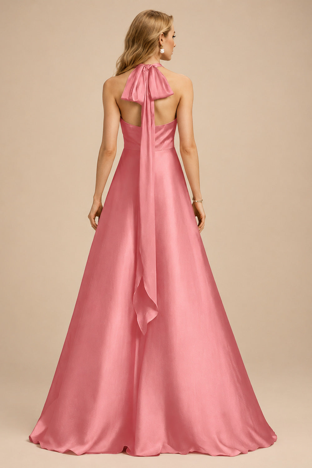 Rutipo Watermelon A-Line Halter One Shoulder V-Neck Floor-Length Silk Like Satin Bridesmaid Dress