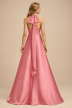 Rutipo Watermelon A-Line Halter One Shoulder V-Neck Floor-Length Silk Like Satin Bridesmaid Dress