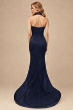 Rutipo Dark Navy Sheath/Column Halter Charmeuse Bridesmaid Dresses With High Split