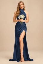 Rutipo Navy Blue Sheath/Column Halter Charmeuse Bridesmaid Dresses With High Split