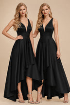 Rutipo Black A-Line V-Neck Sleeveless Asymmetrical Satin Bridesmaid Dresses