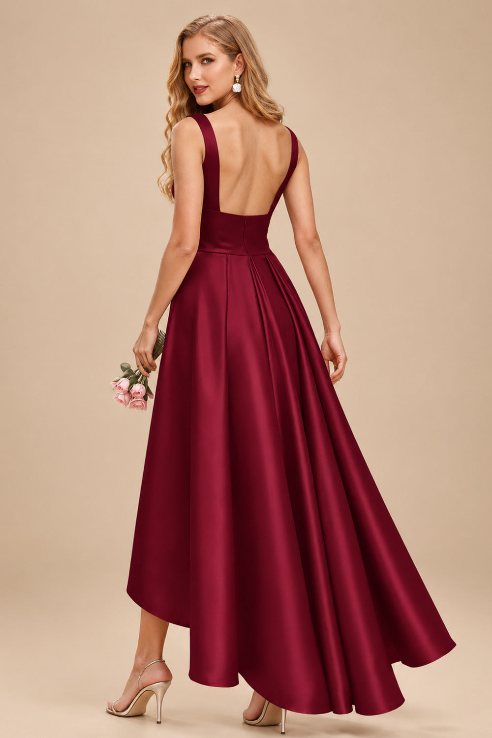Rutipo Burgundy A-Line V-Neck Sleeveless Asymmetrical Satin Bridesmaid Dresses
