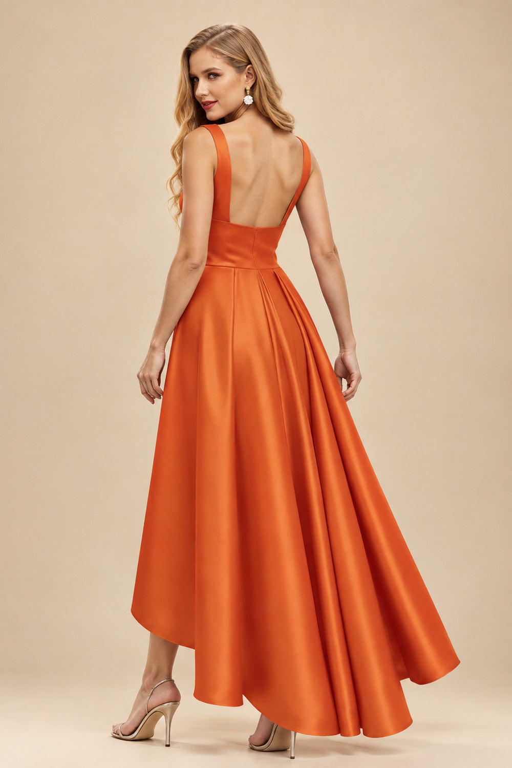 Rutipo Burnt Orange A-Line V-Neck Sleeveless Asymmetrical Satin Bridesmaid Dresses