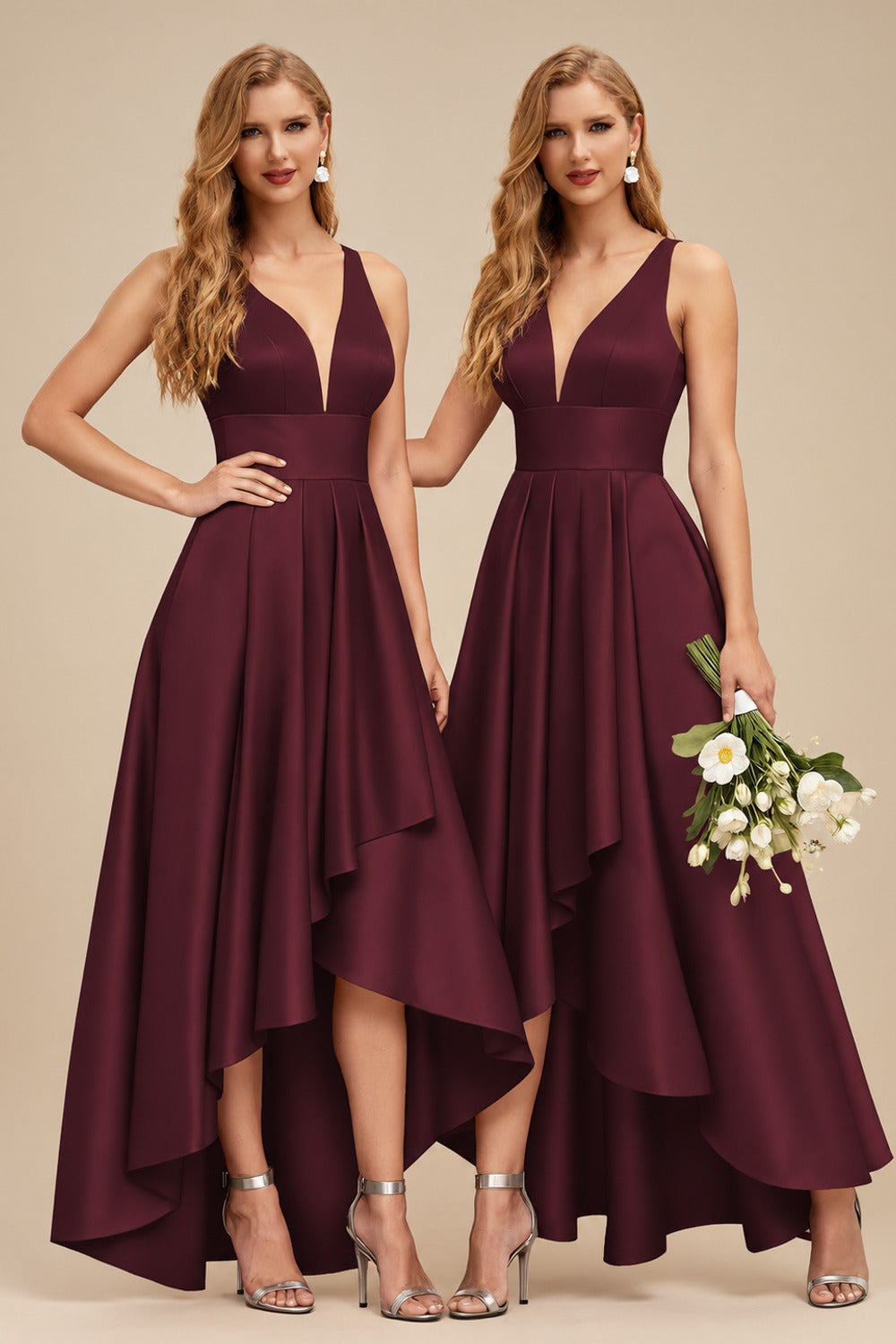 Rutipo Cabernet A-Line V-Neck Sleeveless Asymmetrical Satin Bridesmaid Dresses