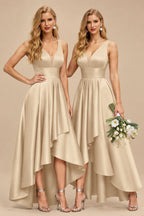 Rutipo Champagne A-Line V-Neck Sleeveless Asymmetrical Satin Bridesmaid Dresses