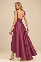 Rutipo Mulberry A-Line V-Neck Sleeveless Asymmetrical Satin Bridesmaid Dresses