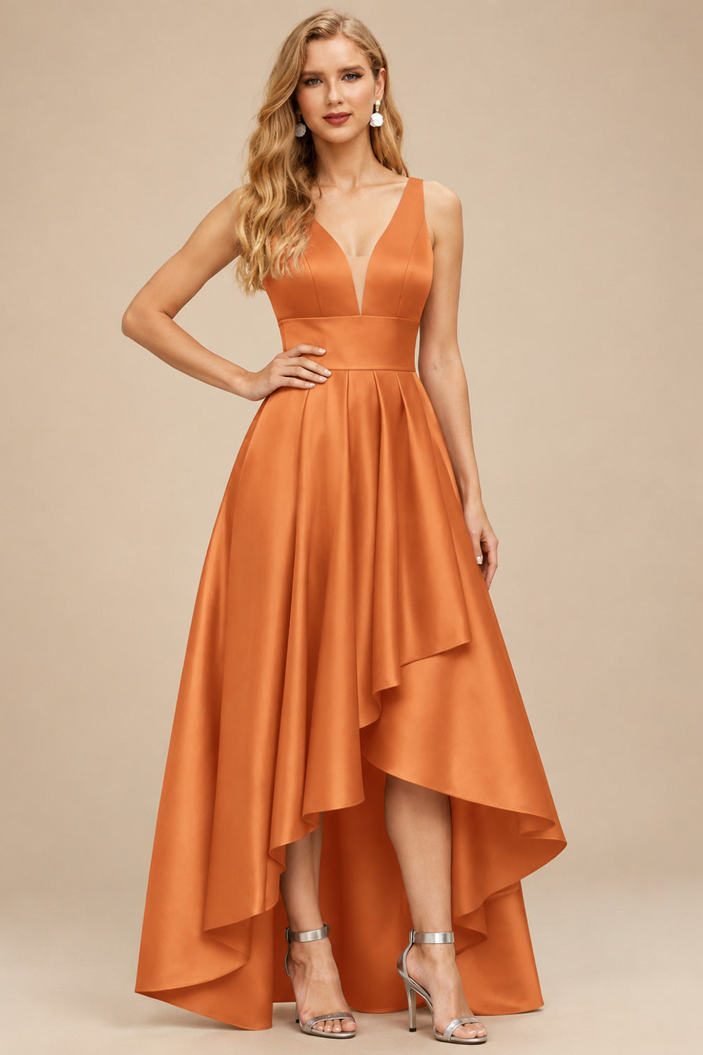 Rutipo Orange A-Line V-Neck Sleeveless Asymmetrical Satin Bridesmaid Dresses