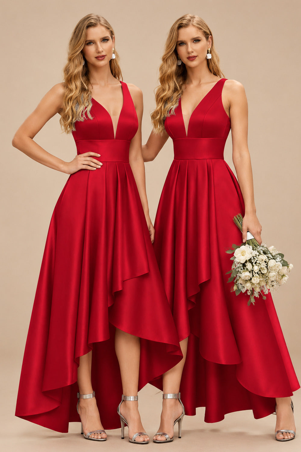 Rutipo Red A-Line V-Neck Sleeveless Asymmetrical Satin Bridesmaid Dresses