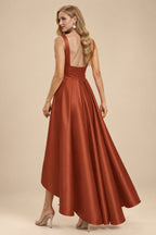 Rutipo Terracotta A-Line V-Neck Sleeveless Asymmetrical Satin Bridesmaid Dresses