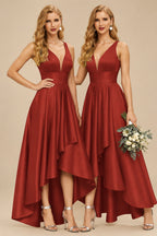 Rutipo Vermilion A-Line V-Neck Sleeveless Asymmetrical Satin Bridesmaid Dresses