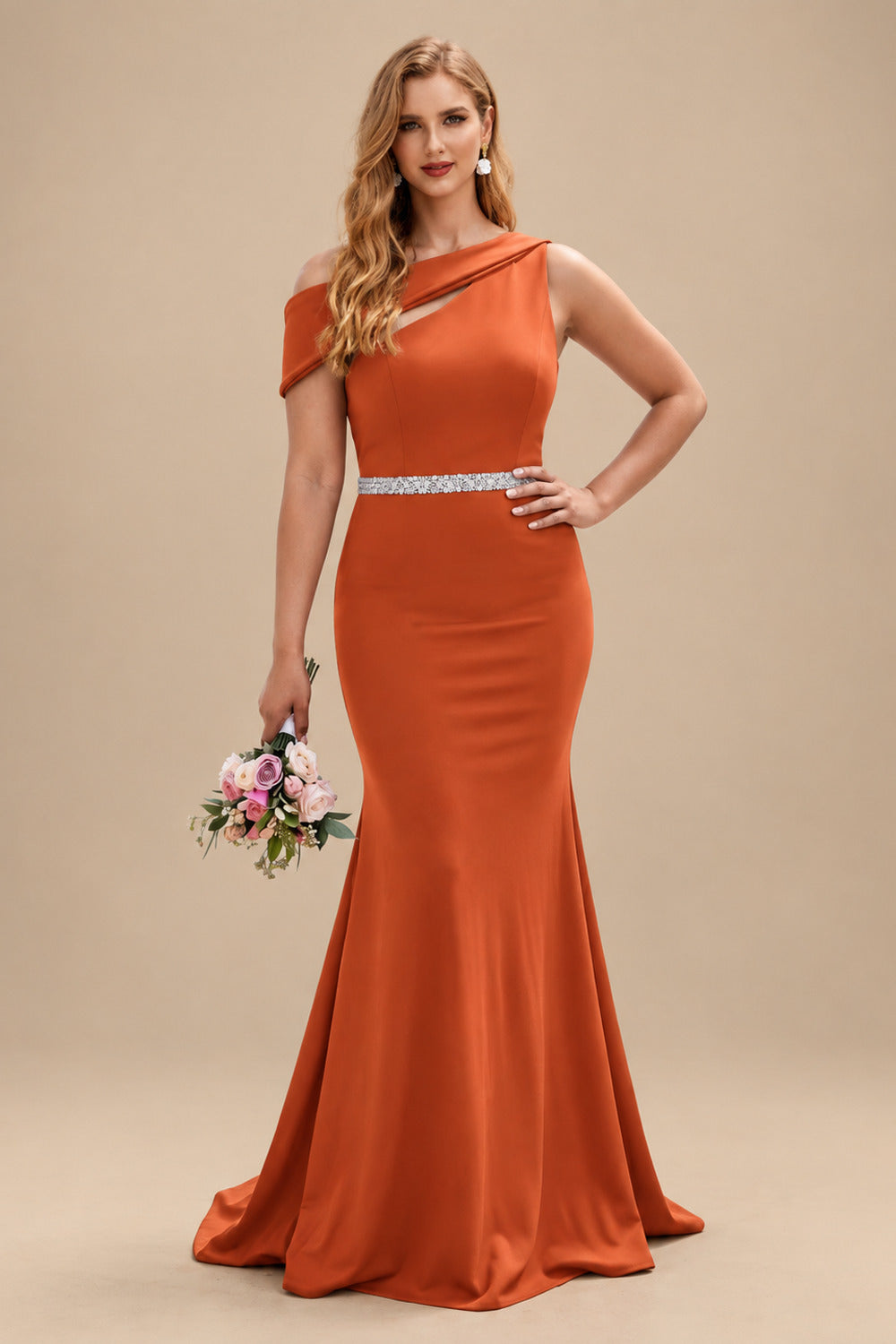 Rutipo Burnt Orange Sheath/Column Asymmetrical Sleeveless Sweep Train Bridesmaid Dresses