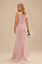 Rutipo Dusty Rose Sheath/Column Asymmetrical Sleeveless Sweep Train Bridesmaid Dresses