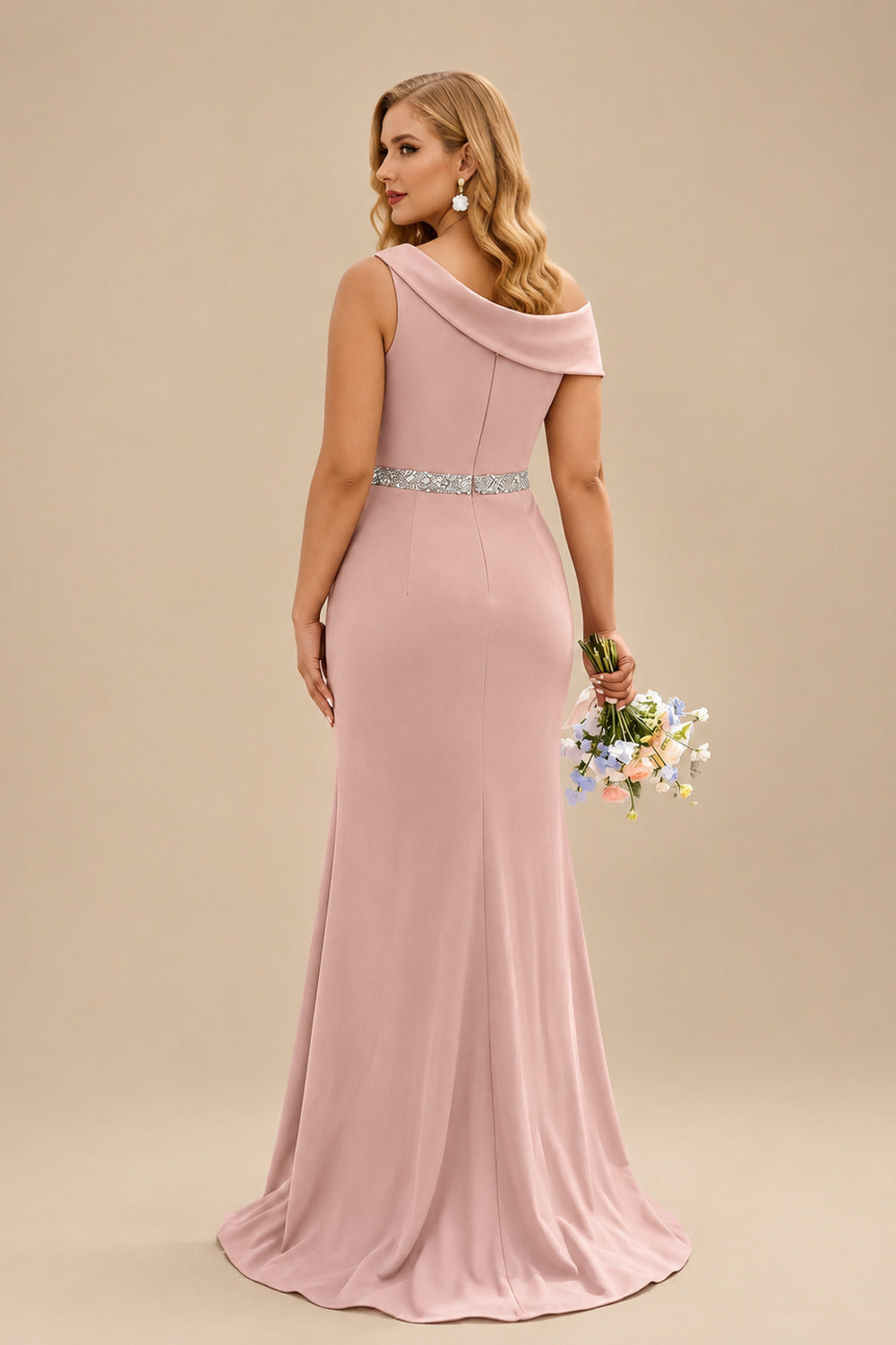 Rutipo Dusty Rose Sheath/Column Asymmetrical Sleeveless Sweep Train Bridesmaid Dresses