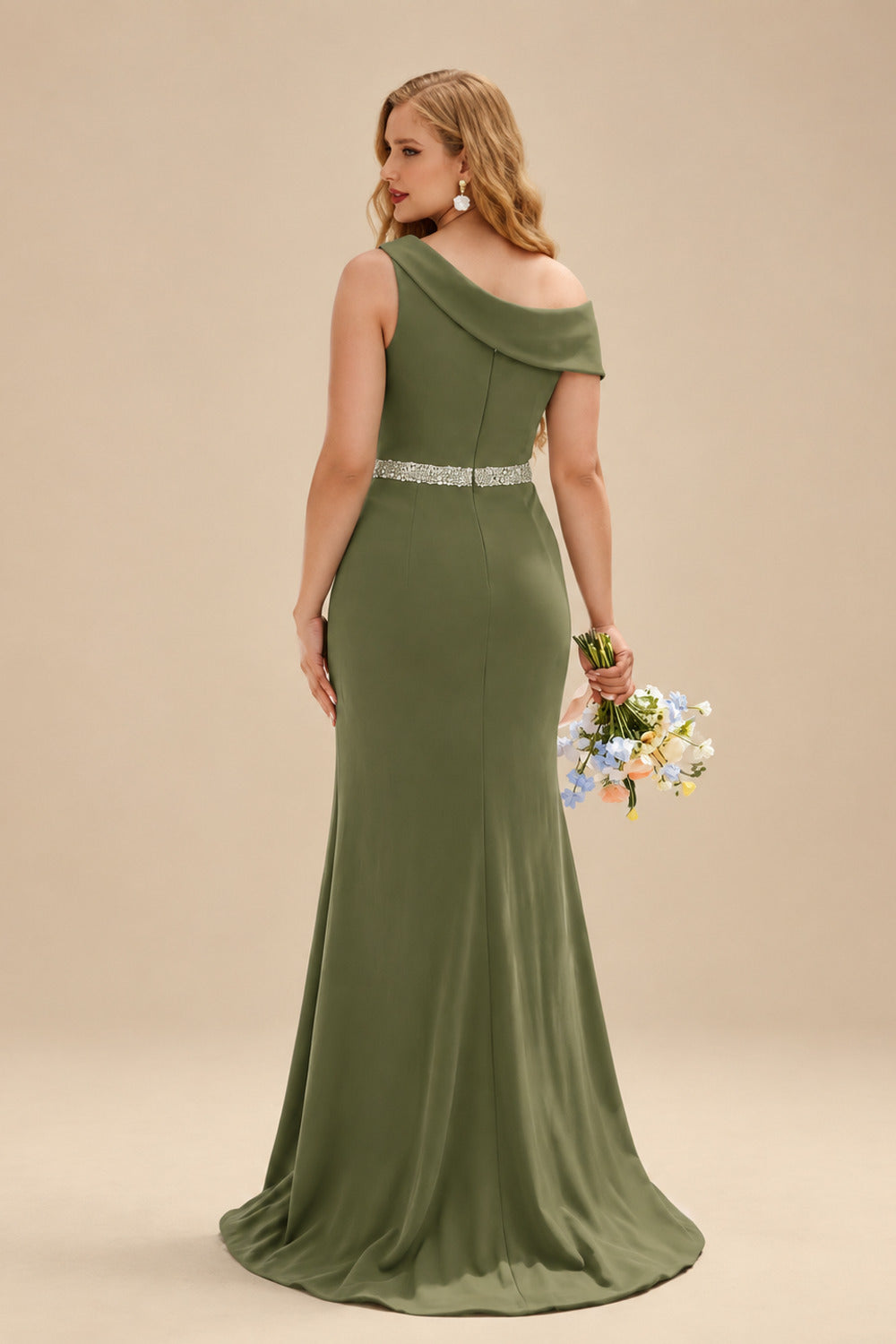 Rutipo Olive Green Sheath/Column Asymmetrical Sleeveless Sweep Train Bridesmaid Dresses