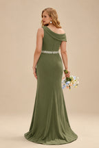 Rutipo Olive Green Sheath/Column Asymmetrical Sleeveless Sweep Train Bridesmaid Dresses