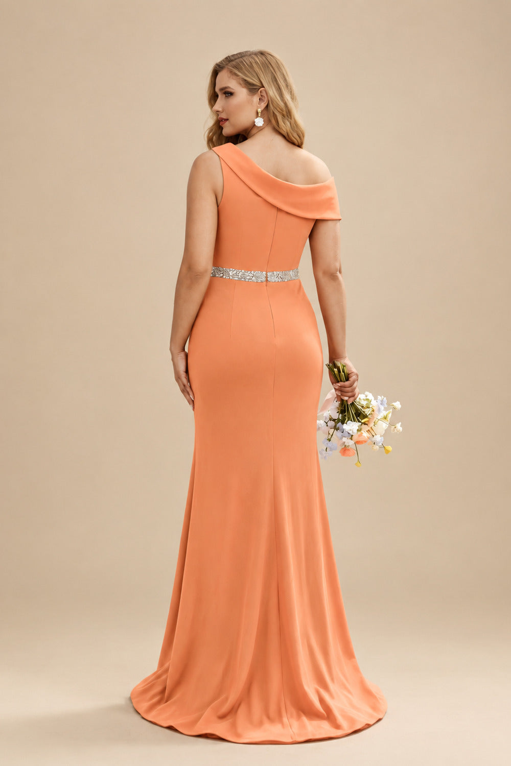 Rutipo Orange Sheath/Column Asymmetrical Sleeveless Sweep Train Bridesmaid Dresses